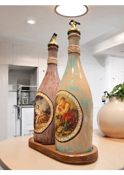 Özel Tasarım Vintage Desenli Sunum Stantlı Zeytinyağı Sıvıyağ Şişesi 2'li 750 ml fırsatları