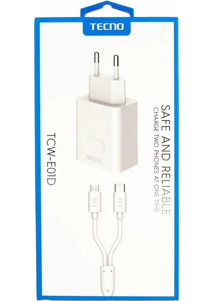 Çift Çıkışlı Şarj Aleti Type-C ve Micro Data Kablolu TCW-E01D Beyaz