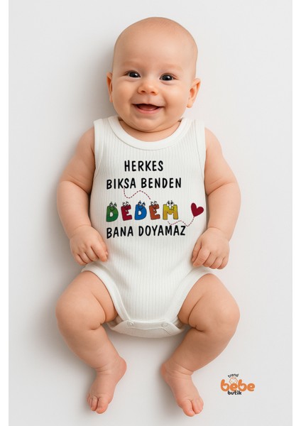 Herkes Bıksa Benden Dedem Bana Doyamaz Yazılı Pamuklu Ribana Çıtçıtlı Zıbın Body Unisex Bebek Tulum