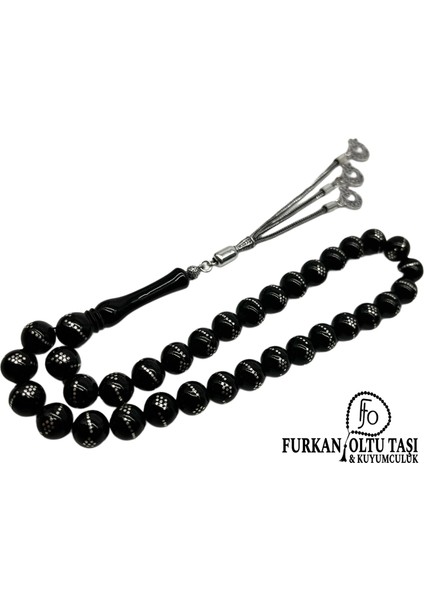 Nurullah Ateş Usta Imzalı Hakiki Erzurum Oltu Taşı Gümüş Işlemeli & Gümüş Püsküllü Tesbih
