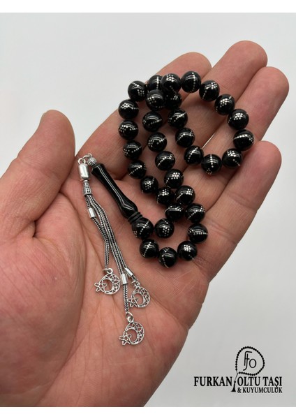 Nurullah Ateş Usta Imzalı Hakiki Erzurum Oltu Taşı Gümüş Işlemeli & Gümüş Püsküllü Tesbih fırsatları