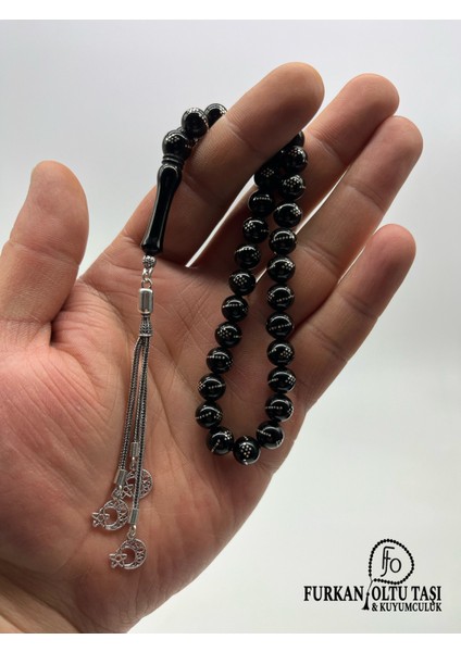 Nurullah Ateş Usta Imzalı Hakiki Erzurum Oltu Taşı Gümüş Işlemeli & Gümüş Püsküllü Tesbih indirimleri