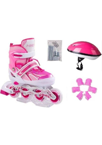 Metal Işıklı Ayarlanabilir Alıştırma Pateni Pembe Set