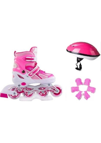 Metal Işıklı Ayarlanabilir Alıştırma Pateni Pembe Set