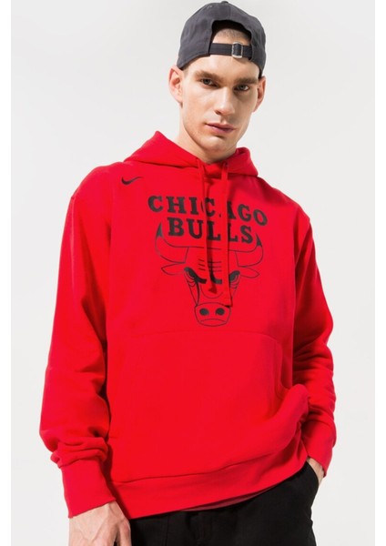 Nba Chicago Bulls Fleece Pullover Essential Erkek Kapüşonlu Bol Kesim Sweatshirt Kırmızı