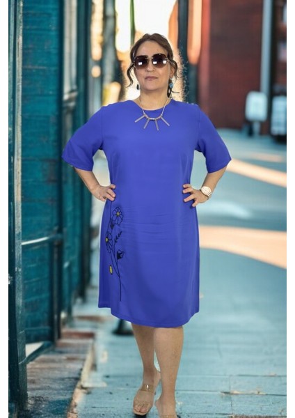 Nakış Işlemeli Bisiklet Yaka Büyük Beden Pamuklu Büyük Beden Elbise fırsatları