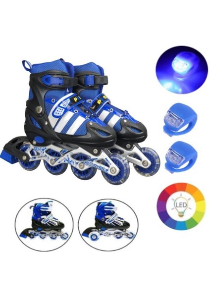 Mavi Işıklı Teker Ayarlanabilir Çocuk Alıştırma Paten 2 Fonksiyon + Çakarlı Kask Dizlik Set
