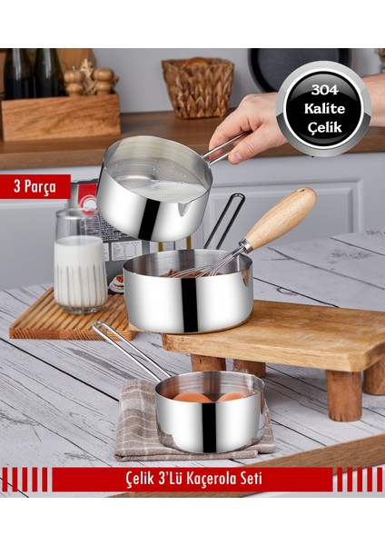 Çelik 3'lü Kaçerola Sosluk Sütlük 12cm-14cm-16cm