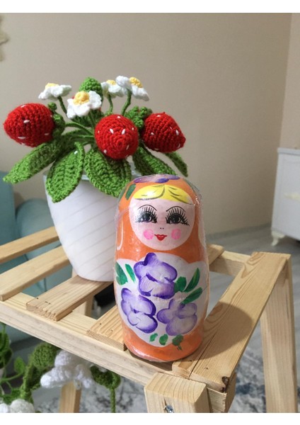 5'li Ahşap Matruşka Bebek Dekoratif Obje Çoçuklar İçin Oyuncak Turuncu