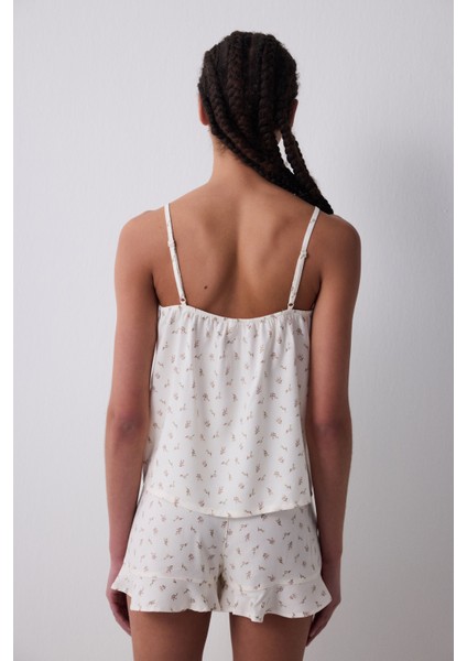 Floral Şortlu Ekru Pijama Takımı