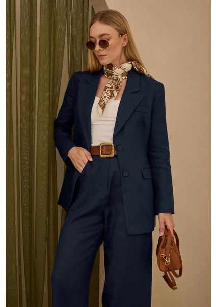 Keten Belden Oturtmalı Ceket Gece Mavi