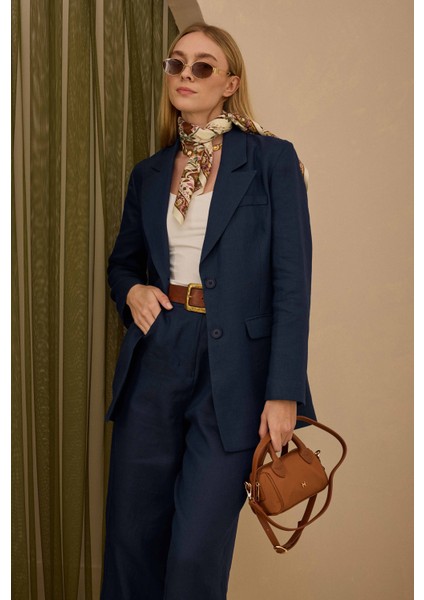 Keten Belden Oturtmalı Ceket Gece Mavi indirimleri