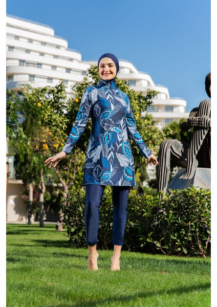 Lacivert Yaprak Desenli Balıkçı Yaka Micro (Esnek ve Çabuk Kuruyan) Kumaş Tesettür Mayo