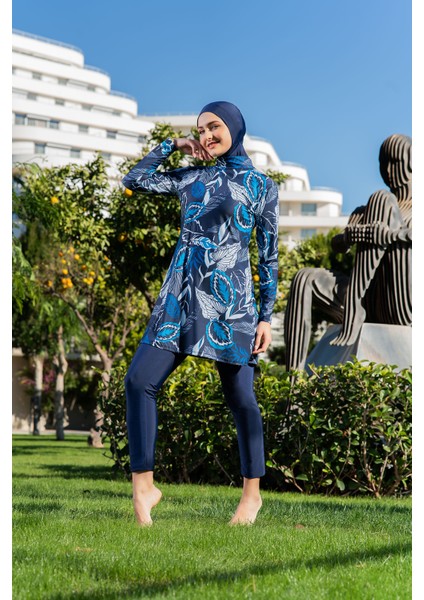 Lacivert Yaprak Desenli Balıkçı Yaka Micro (Esnek ve Çabuk Kuruyan) Kumaş Tesettür Mayo fiyatları