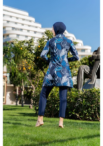 Lacivert Yaprak Desenli Balıkçı Yaka Micro (Esnek ve Çabuk Kuruyan) Kumaş Tesettür Mayo modelleri