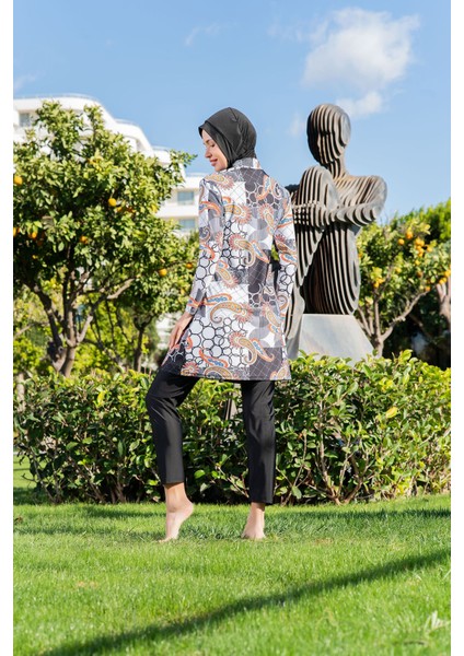 Siyah Şal Desen Balıkçı Yaka Micro (Esnek ve Çabuk Kuruyan) Kumaş Tesettür Mayo fırsatları