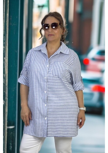 Minik Taş Süslemeli Katlanır Kol Detaylı Çizgili % 100 Pamuklu Büyük Beden Gömlek