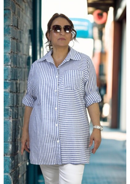 Minik Taş Süslemeli Katlanır Kol Detaylı Çizgili % 100 Pamuklu Büyük Beden Gömlek fiyatları