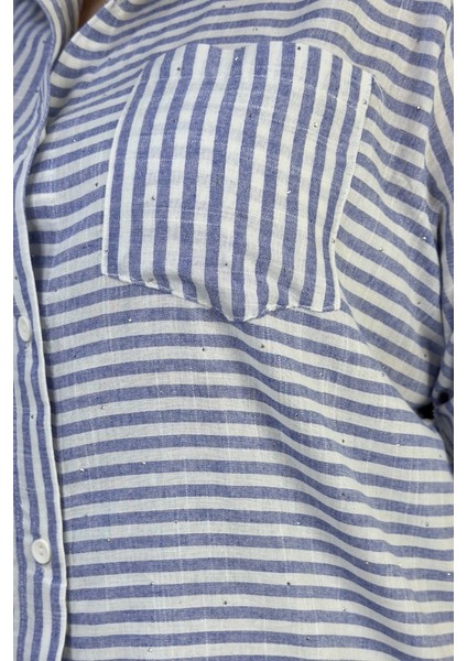 Minik Taş Süslemeli Katlanır Kol Detaylı Çizgili % 100 Pamuklu Büyük Beden Gömlek fırsatları