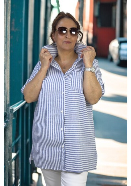 Minik Taş Süslemeli Katlanır Kol Detaylı Çizgili % 100 Pamuklu Büyük Beden Gömlek indirimleri