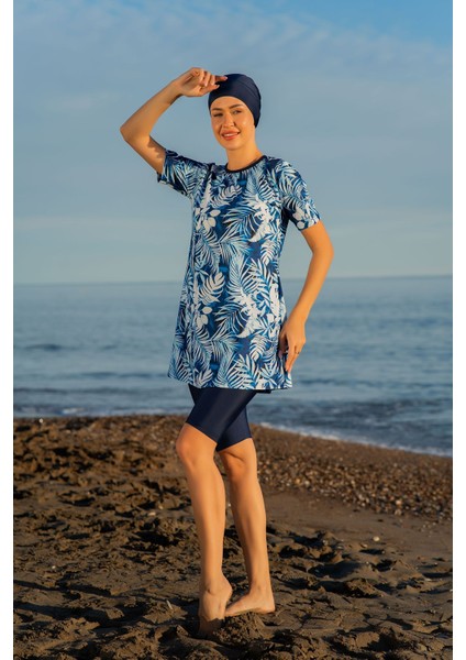 Lacivert Yaprak Desenli Yarım Kol Micro (Esnek ve Çabuk Kuruyan) Kumaş Yarı Tesettür Mayo