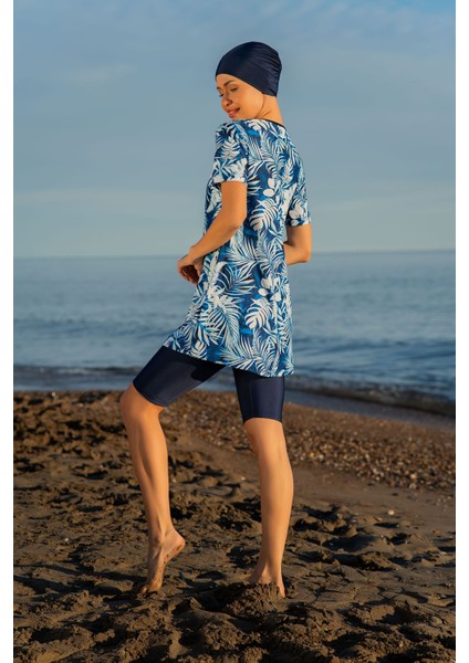 Lacivert Yaprak Desenli Yarım Kol Micro (Esnek ve Çabuk Kuruyan) Kumaş Yarı Tesettür Mayo fiyatları