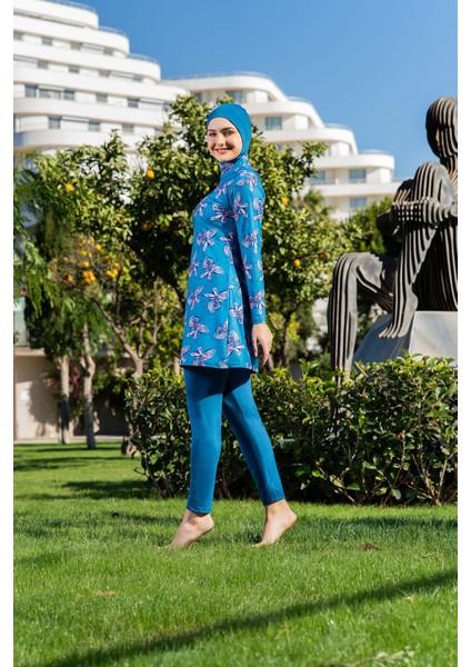 Petrol Rengi Desenli Balıkçı Yaka Micro (Esnek ve Çabuk Kuruyan) Kumaş Tesettür Mayo