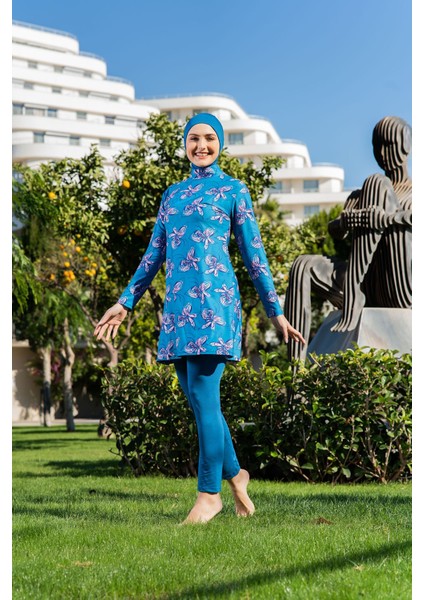 Petrol Rengi Desenli Balıkçı Yaka Micro (Esnek ve Çabuk Kuruyan) Kumaş Tesettür Mayo fiyatları