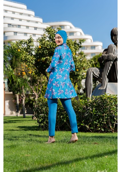 Petrol Rengi Desenli Balıkçı Yaka Micro (Esnek ve Çabuk Kuruyan) Kumaş Tesettür Mayo modelleri