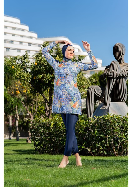 Lacivert Etnik Desenli Balıkçı Yaka Micro (Esnek ve Çabuk Kuruyan) Kumaş Tesettür Mayo