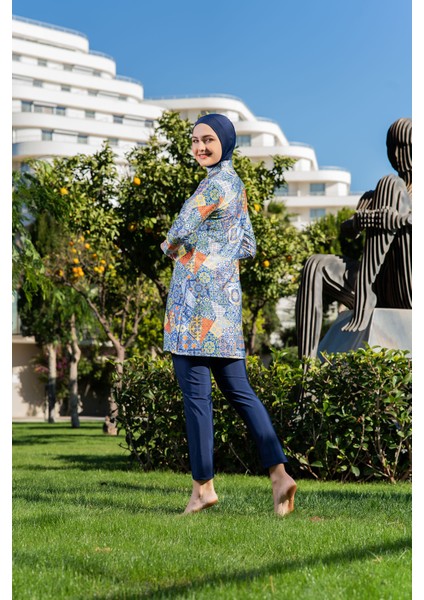 Lacivert Etnik Desenli Balıkçı Yaka Micro (Esnek ve Çabuk Kuruyan) Kumaş Tesettür Mayo fiyatları
