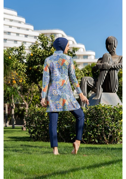 Lacivert Etnik Desenli Balıkçı Yaka Micro (Esnek ve Çabuk Kuruyan) Kumaş Tesettür Mayo modelleri