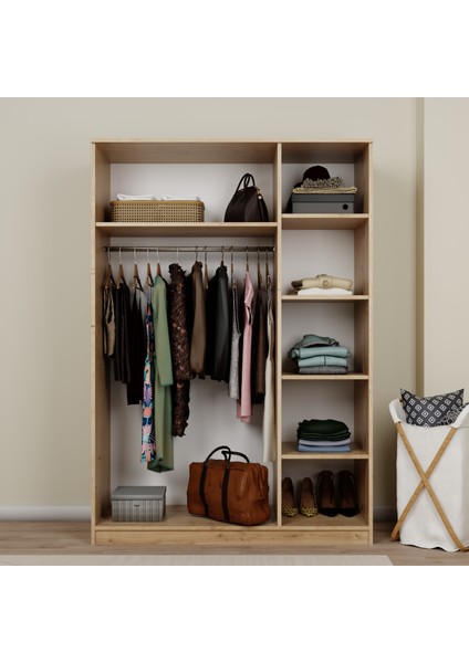 Lucas 3 Kapaklı, 6 Raf Bölmeli, Askılıklı Geniş Elbise Dolabı, Gardırop, Safir Meşe 190×135