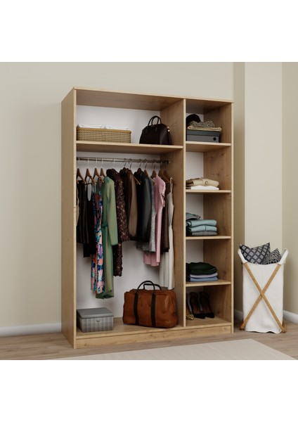 Lucas 3 Kapaklı, 6 Raf Bölmeli, Askılıklı Geniş Elbise Dolabı, Gardırop, Safir Meşe 190×135 modelleri