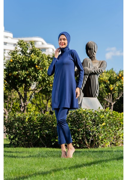 Lacivert Balıkçı Yaka Micro (Esnek ve Çabuk Kuruyan) Kumaş Tesettür Mayo