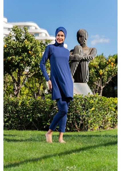 Lacivert Balıkçı Yaka Micro (Esnek ve Çabuk Kuruyan) Kumaş Tesettür Mayo modelleri