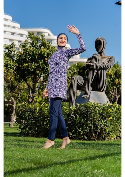 Lacivert Desenli Balıkçı Yaka Micro (Esnek ve Çabuk Kuruyan) Kumaş Tesettür Mayo