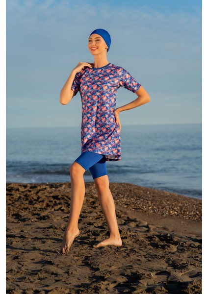 Mavi Çiçek Desenli Yarım Kol Micro (Esnek ve Çabuk Kuruyan) Kumaş Yarı Tesettür Mayo