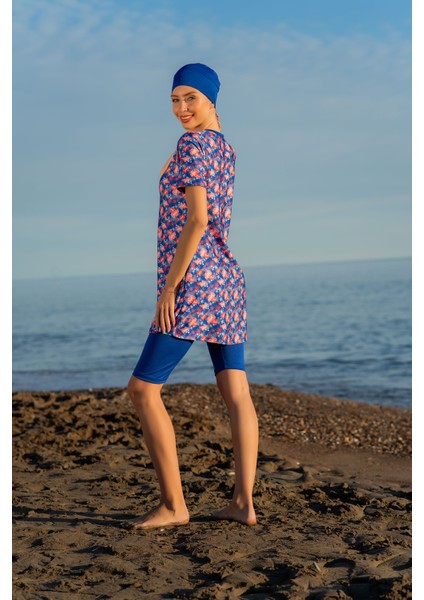 Mavi Çiçek Desenli Yarım Kol Micro (Esnek ve Çabuk Kuruyan) Kumaş Yarı Tesettür Mayo fiyatları