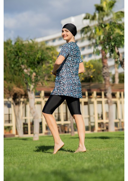 Siyah Mavi Desenli Yarım Kol Micro (Esnek ve Çabuk Kuruyan) Kumaş Yarı Tesettür Mayo fiyatları