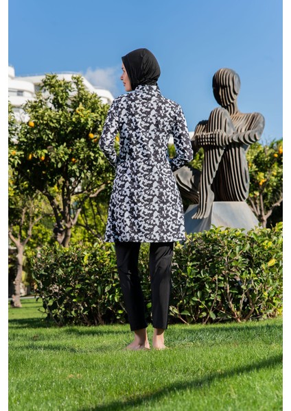 Siyah Beyaz Desenli Balıkçı Yaka Micro (Esnek ve Çabuk Kuruyan) Kumaş Tesettür Mayo fiyatları