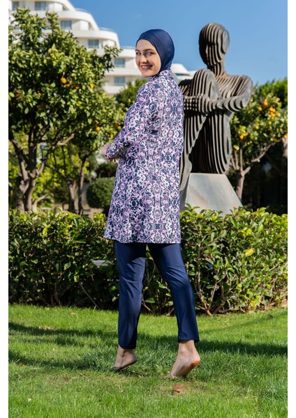 Lacivert Desenli Balıkçı Yaka Micro (Esnek ve Çabuk Kuruyan) Kumaş Tesettür Mayo fiyatları