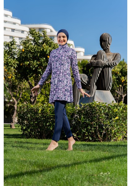 Lacivert Desenli Balıkçı Yaka Micro (Esnek ve Çabuk Kuruyan) Kumaş Tesettür Mayo modelleri