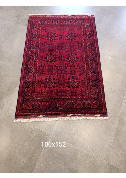 El Dokuma Kırmızı Afgan Halısı 100X150 cm – %100 Yün, 24 Ay Garantili