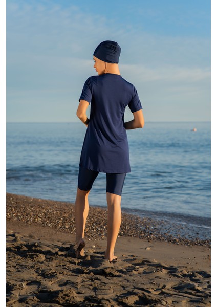 Lacivert Yarım Kol Micro (Esnek ve Çabuk Kuruyan) Kumaş Yarı Tesettür Mayo modelleri