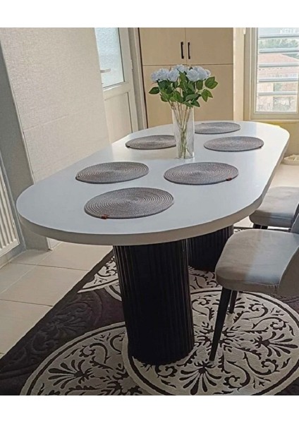 Ada 180X90X75CM (36MM Kalın Kenarlı) Oval Beyaz Sütunlu Yemek Masası (Sandalye Yok Sadece Masadır)