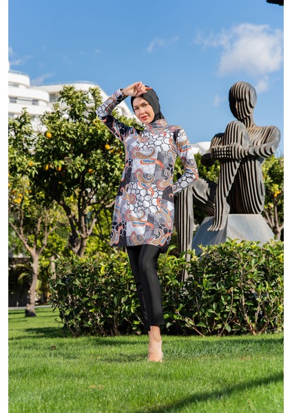 Siyah Şal Desen Balıkçı Yaka Micro (Esnek ve Çabuk Kuruyan) Kumaş Tesettür Mayo