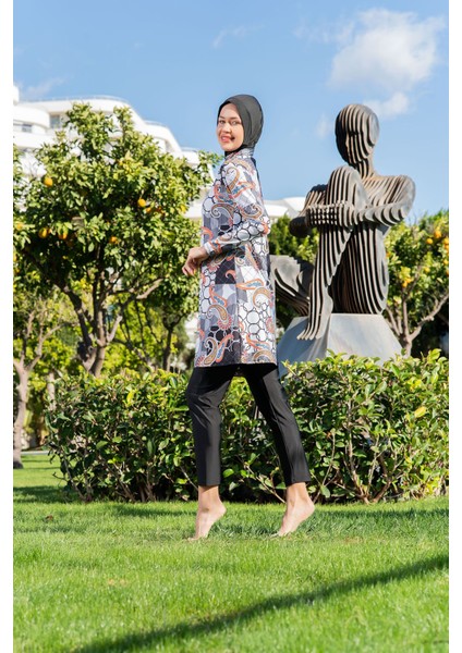 Siyah Şal Desen Balıkçı Yaka Micro (Esnek ve Çabuk Kuruyan) Kumaş Tesettür Mayo modelleri