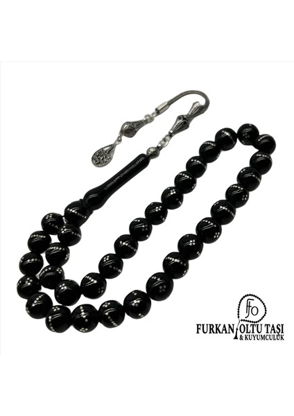 Nurullah Ateş Usta Imzalı Hakiki Erzurum Oltu Taşı Gümüş Işlemeli & Gümüş Püskülli Tesbih
