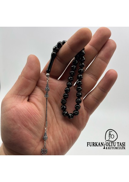 Nurullah Ateş Usta Imzalı Hakiki Erzurum Oltu Taşı Gümüş Işlemeli & Gümüş Püskülli Tesbih indirimleri